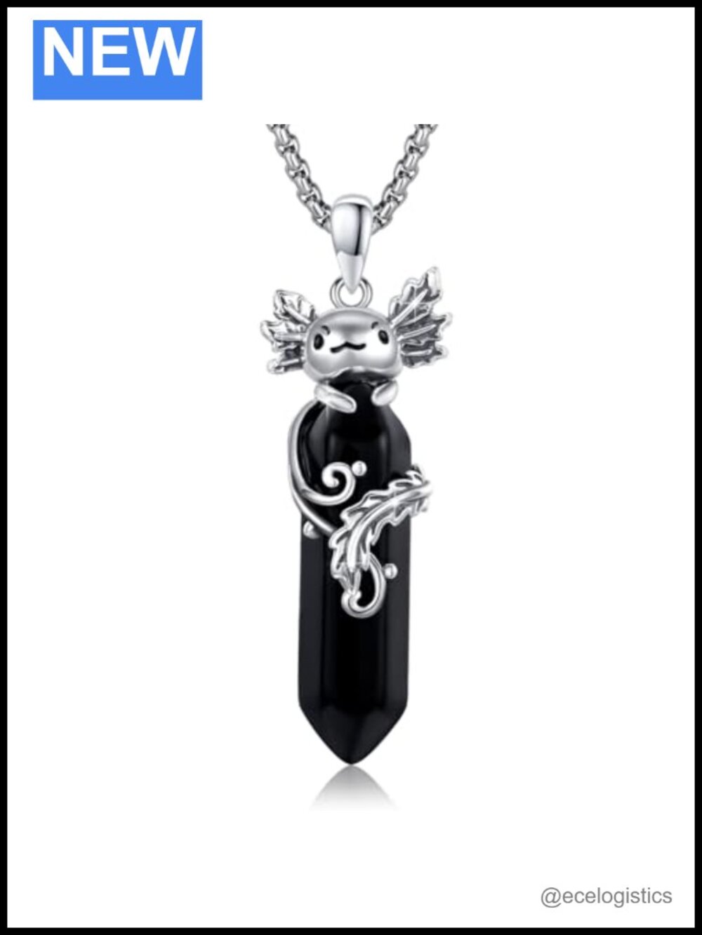 Sterling Silver Axolotl Pendant Necklace Black Crystal Gothic Jewelry Gift